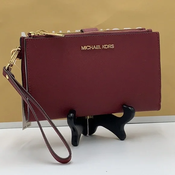 MICHAEL KORS LARGE DOUBLE ZIP WRISTLET WALLET DARK CHERRY COLOR MERLOT MULBERRY - Picture 12 of 16